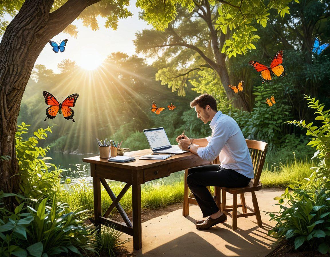 A serene landscape featuring a person sitting at a desk outdoors, surrounded by lush greenery, studying a colorful chart illustrating growth in credit scores and financial planning. In the background, a bright sunrise symbolizes new beginnings, with vibrant butterflies fluttering around, representing freedom and success in financial matters. super-realistic. vibrant colors. peaceful ambiance.