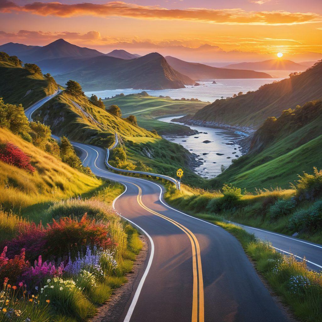 A serene road winding through a lush landscape, symbolizing a journey to financial stability. Alongside the road, various elements representing credit management, like credit score charts and stacks of coins, are integrated into the scenery. A radiant sunset in the background casts warm light on the path, inviting viewers to embark on their financial journey. Dreamy colors and soft textures enhance the peaceful atmosphere. super-realistic. vibrant colors.