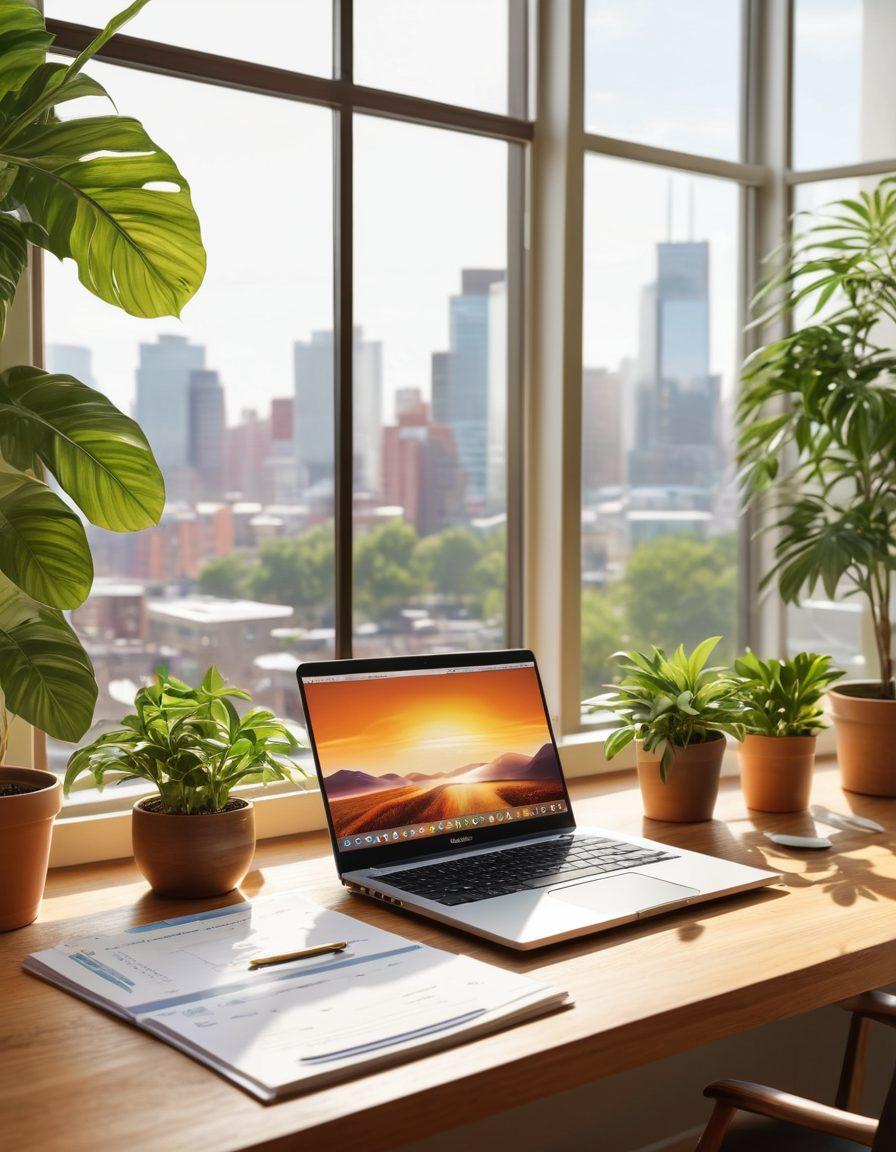 A serene workspace featuring an elegant desk adorned with a sleek laptop, neatly organized financial documents, and a soft plant. In the background, a large window reveals a sunny urban landscape, symbolizing growth and potential. Incorporate subtle icons of money and credit scores floating in the air, representing finance and planning. The overall atmosphere is calming and inspiring, with warm colors emphasizing positivity. super-realistic. vibrant colors. bright ambiance.